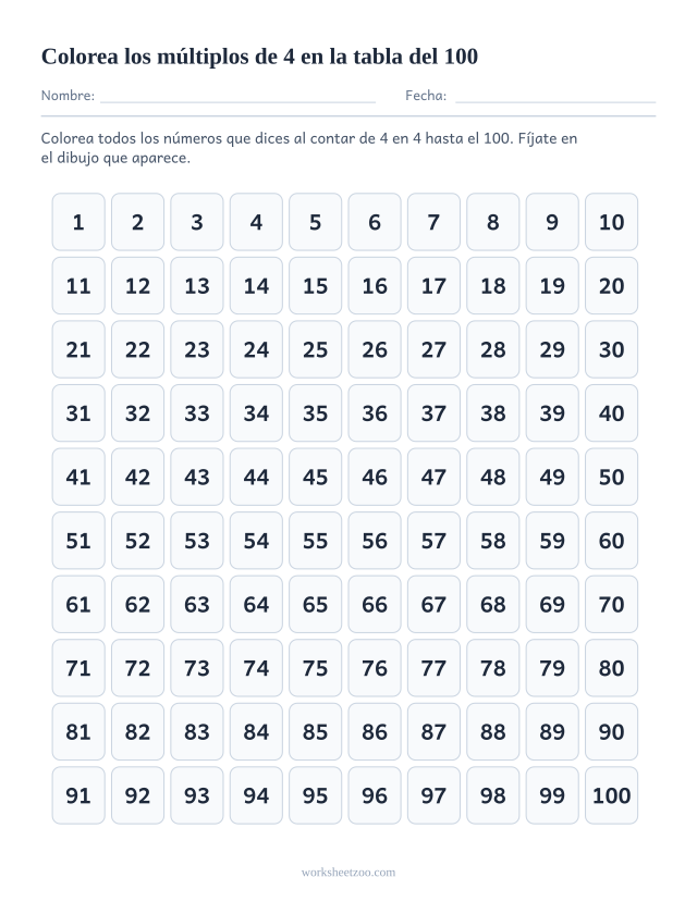 Ficha de la tabla del 100 para contar de 4 en 4, colorea todos los múltiplos de 4 del 1 al 100