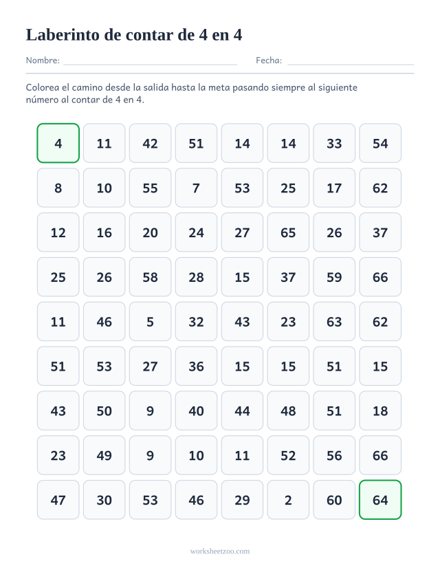 Ficha de laberinto para contar de 4 en 4, cuadrícula de números con un camino de múltiplos de 4 para colorear