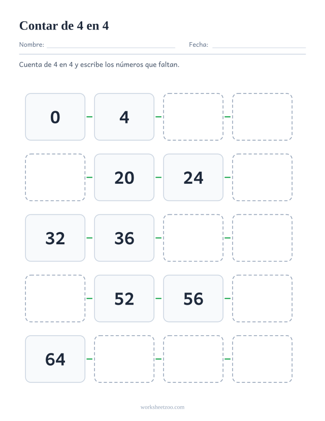Ficha de conteo salteado de 4 en 4, veinte casillas enlazadas del 0 al 76 con números que faltan