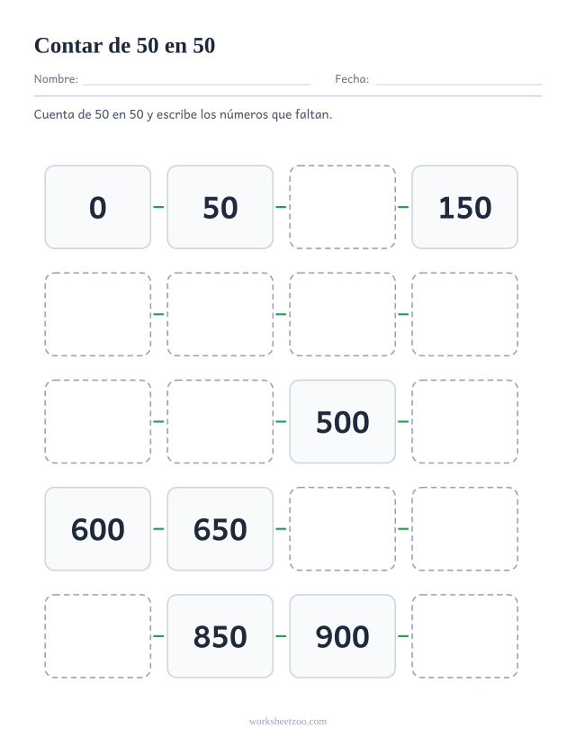 Ficha de conteo salteado de 50 en 50, veinte casillas enlazadas del 0 al 950 con números que faltan