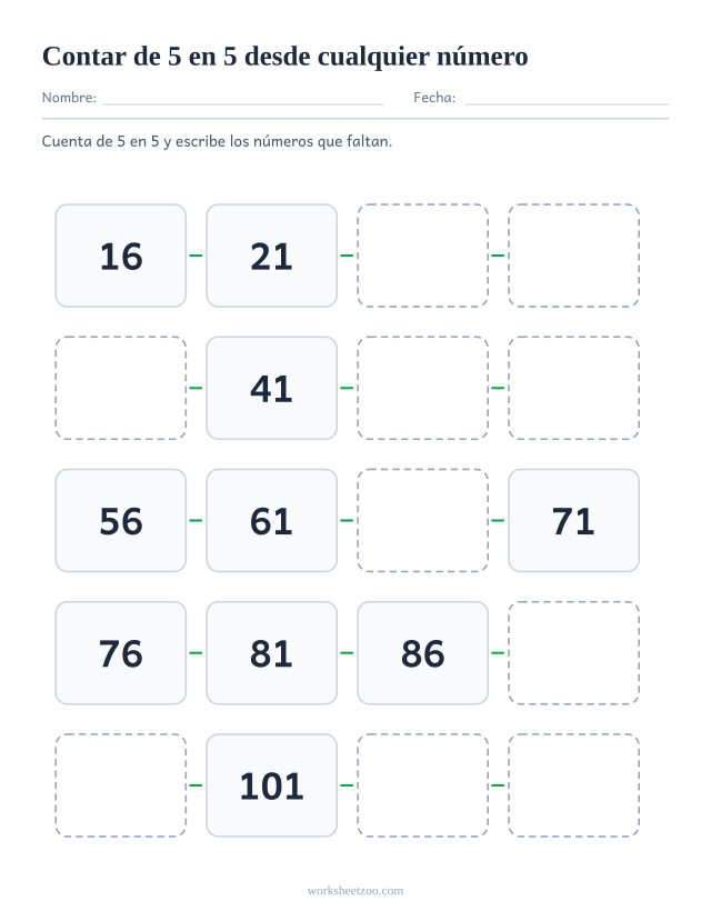 Ficha de conteo salteado de 5 en 5 empezando en el 16 y no en un múltiplo, veinte casillas hasta el 111