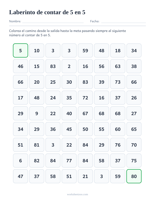 Ficha de laberinto para contar de 5 en 5, cuadrícula de números con un camino de múltiplos de 5 para colorear