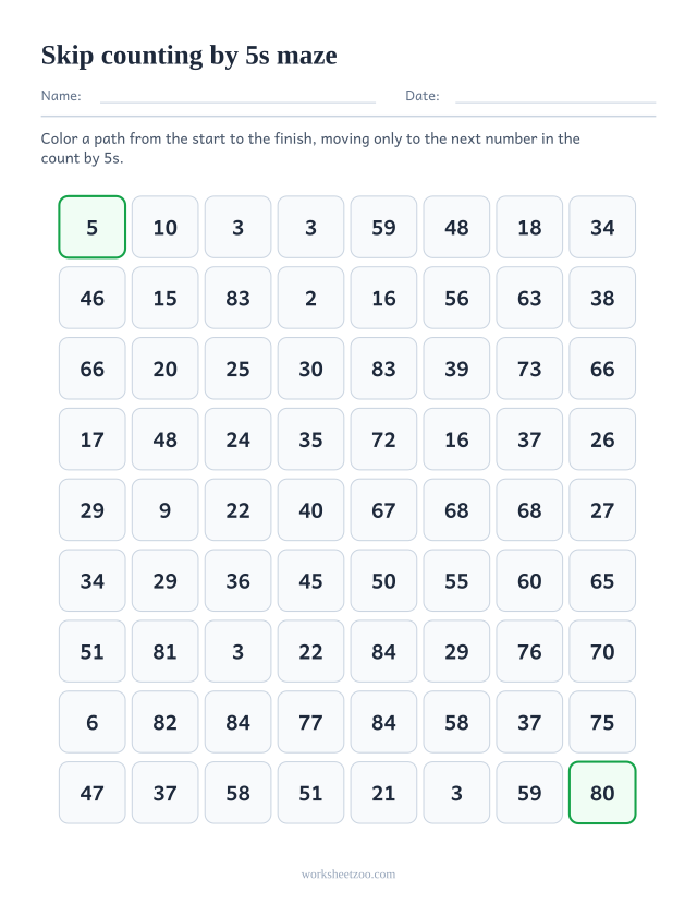 Skip counting by 5s maze worksheet, a number grid with a path of multiples of 5 to color from start to finish