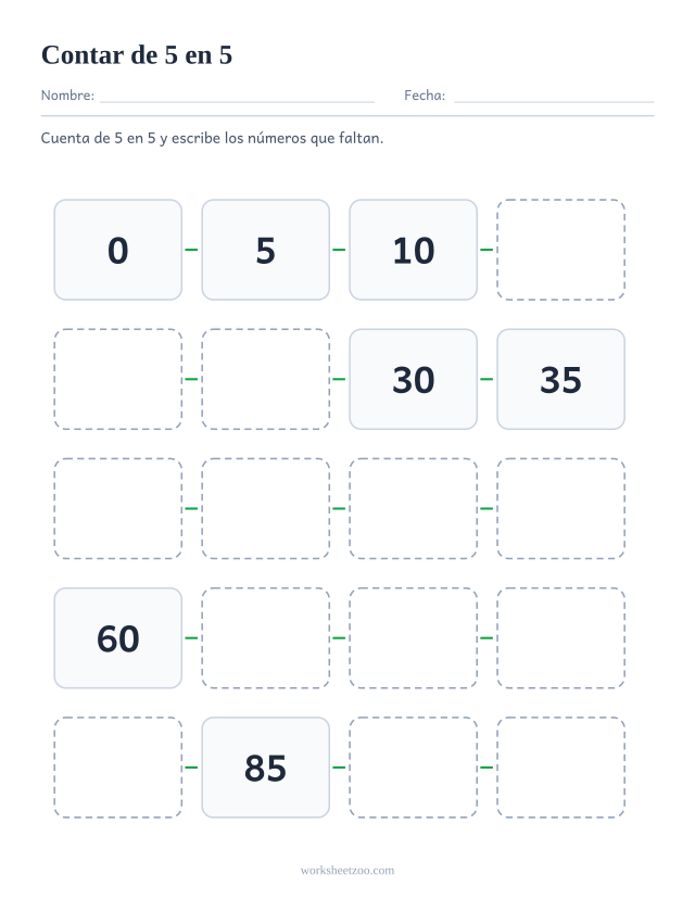 Ficha de conteo salteado de 5 en 5, veinte casillas enlazadas del 0 al 95 con números que faltan