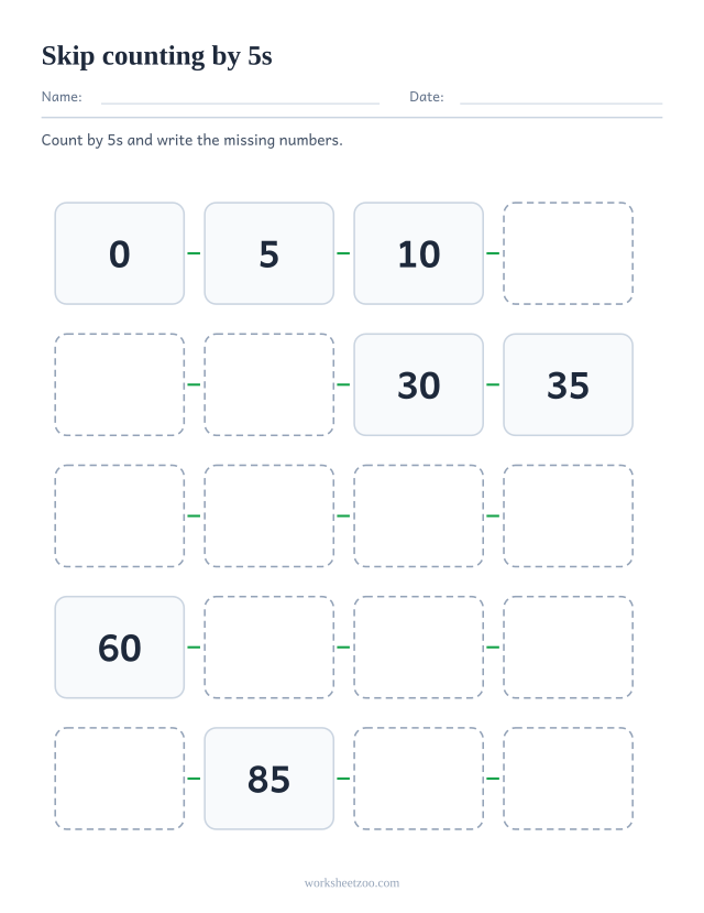 Skip counting by 5s worksheet, twenty linked boxes running from 0 to 95 with missing numbers to fill in