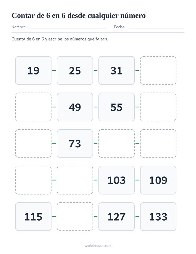 Ficha de conteo salteado de 6 en 6 empezando en el 19 y no en un múltiplo, veinte casillas hasta el 133