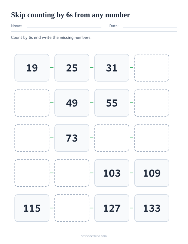 Skip counting by 6s worksheet starting at 19 instead of a multiple, twenty boxes up to 133