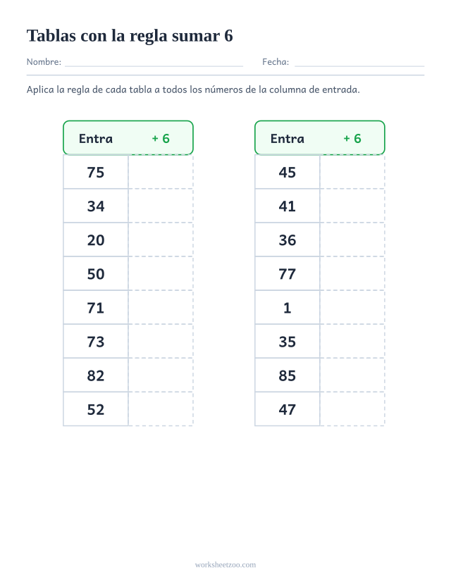 Ficha de tablas de regla para contar de 6 en 6, dos tablas de entrada y salida con la regla sumar 6