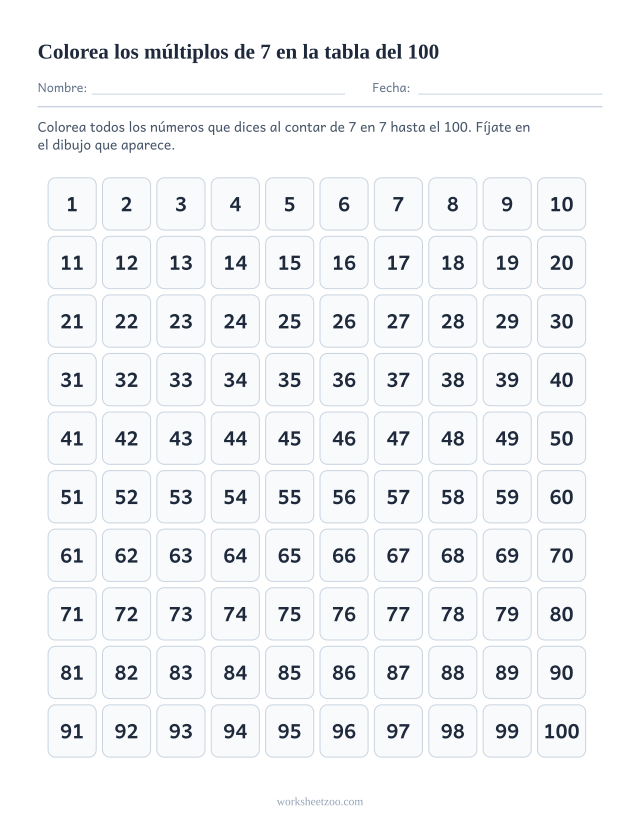 Ficha de la tabla del 100 para contar de 7 en 7, colorea todos los múltiplos de 7 del 1 al 100