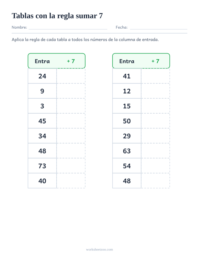Ficha de tablas de regla para contar de 7 en 7, dos tablas de entrada y salida con la regla sumar 7
