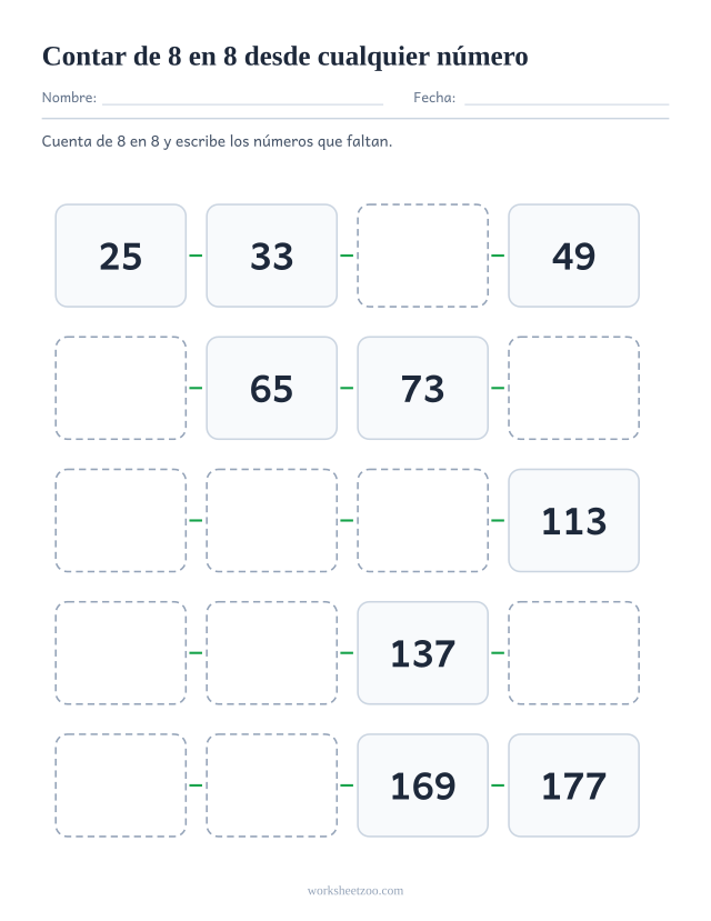 Ficha de conteo salteado de 8 en 8 empezando en el 25 y no en un múltiplo, veinte casillas hasta el 177