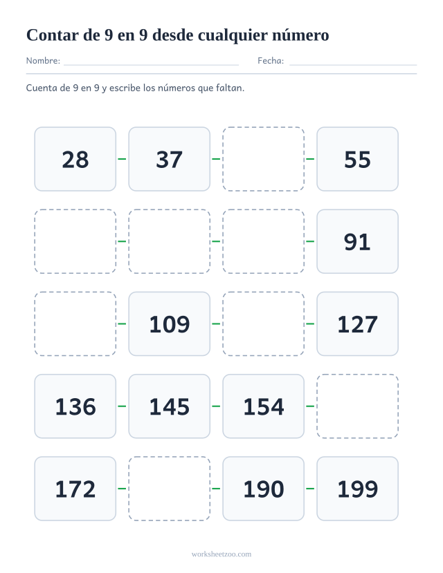 Ficha de conteo salteado de 9 en 9 empezando en el 28 y no en un múltiplo, veinte casillas hasta el 199