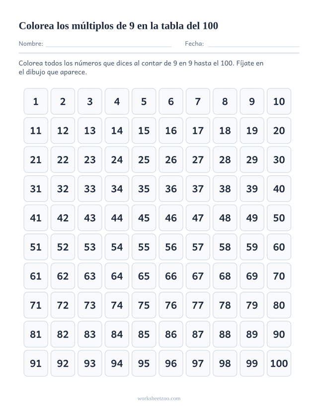 Ficha de la tabla del 100 para contar de 9 en 9, colorea todos los múltiplos de 9 del 1 al 100