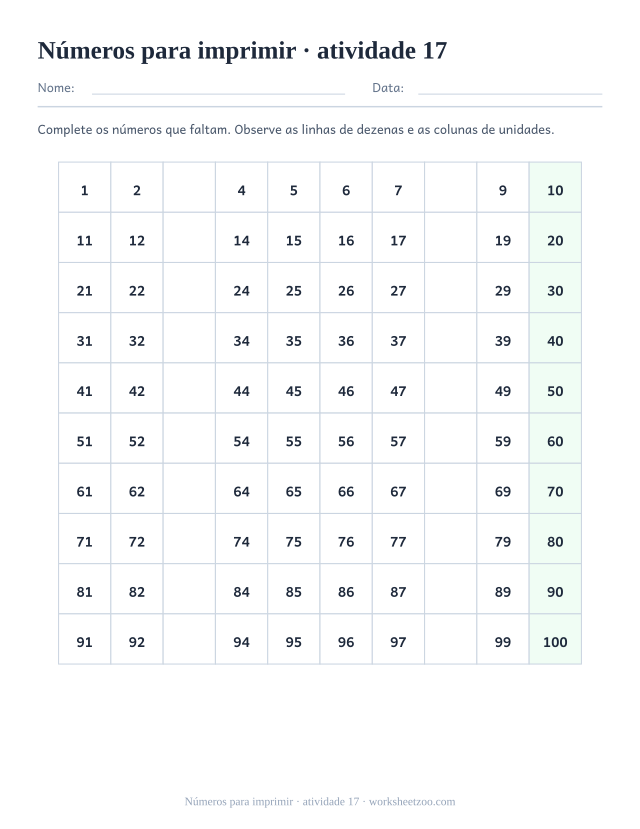 Prévia de Números para imprimir, atividade 17 para imprimir