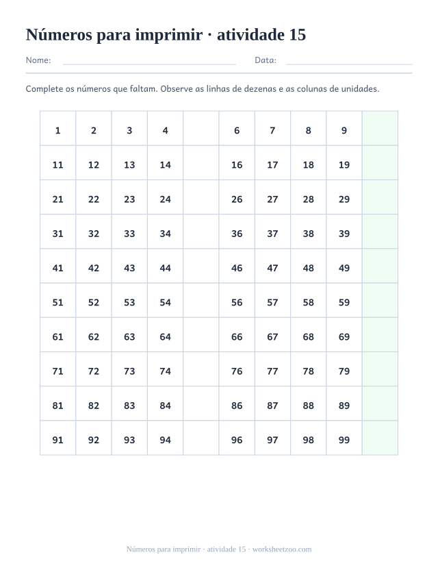 Prévia de Números para imprimir, atividade 15 para imprimir