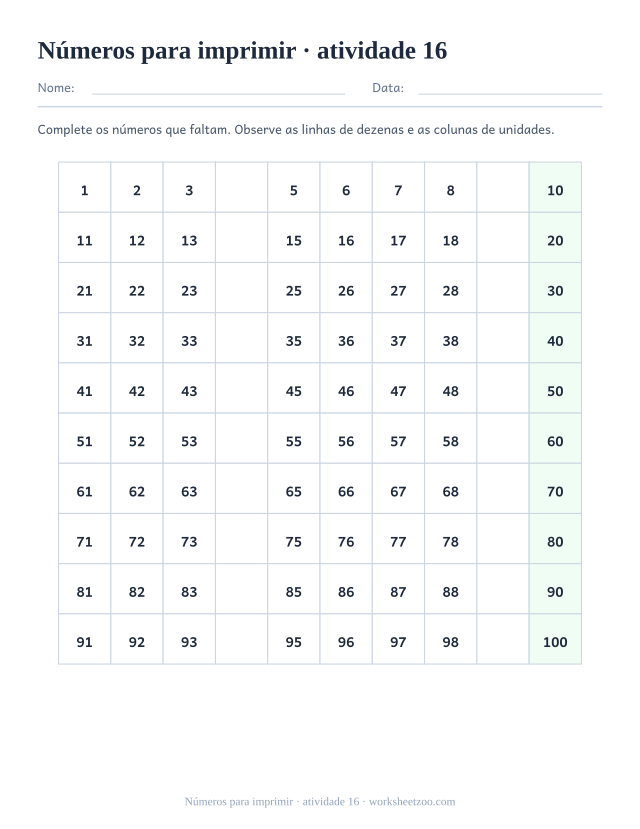 Prévia de Números para imprimir, atividade 16 para imprimir