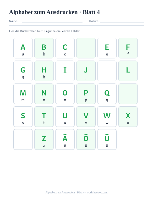 Vorschau: Alphabet zum Ausdrucken, druckbares Arbeitsblatt 4