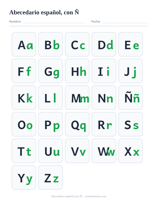 Abecedario español completo con sus 27 letras incluida la Ñ, en mayúscula y minúscula