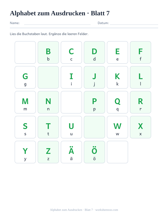 Vorschau: Alphabet zum Ausdrucken, druckbares Arbeitsblatt 7