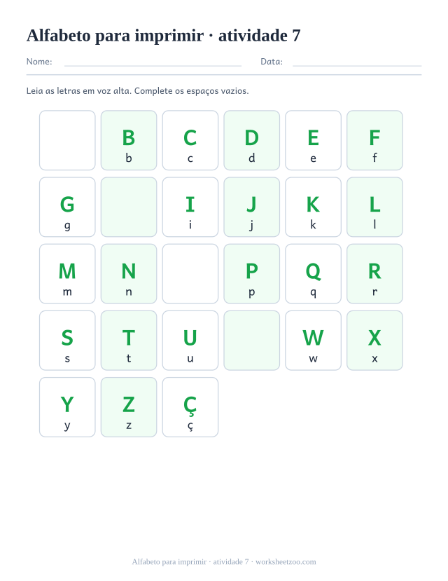 Prévia de Alfabeto para imprimir, atividade 7 para imprimir