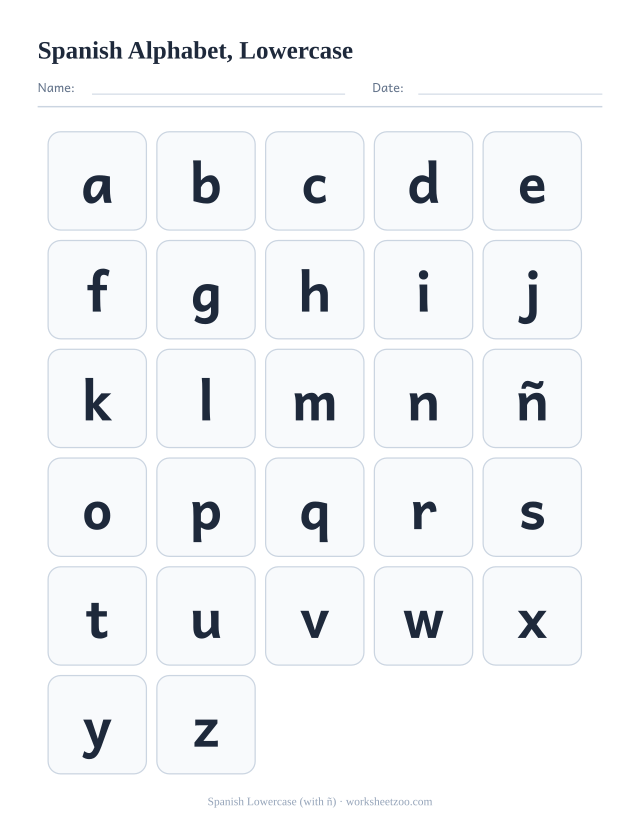 Spanish alphabet chart in lowercase letters, all 27 including ñ, in large print