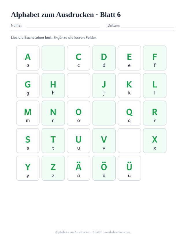 Vorschau: Alphabet zum Ausdrucken, druckbares Arbeitsblatt 6