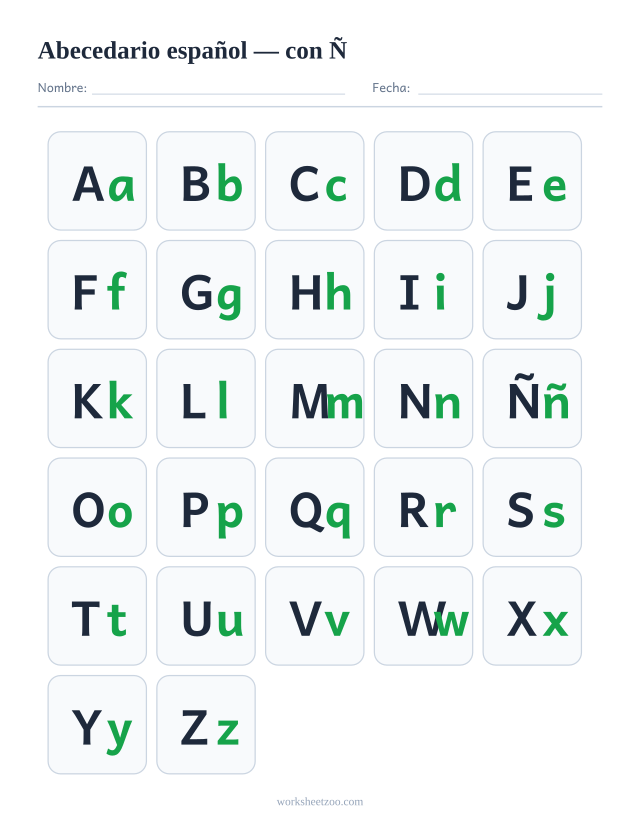 Spanish alphabet chart with all 27 letters including Ñ, uppercase and lowercase