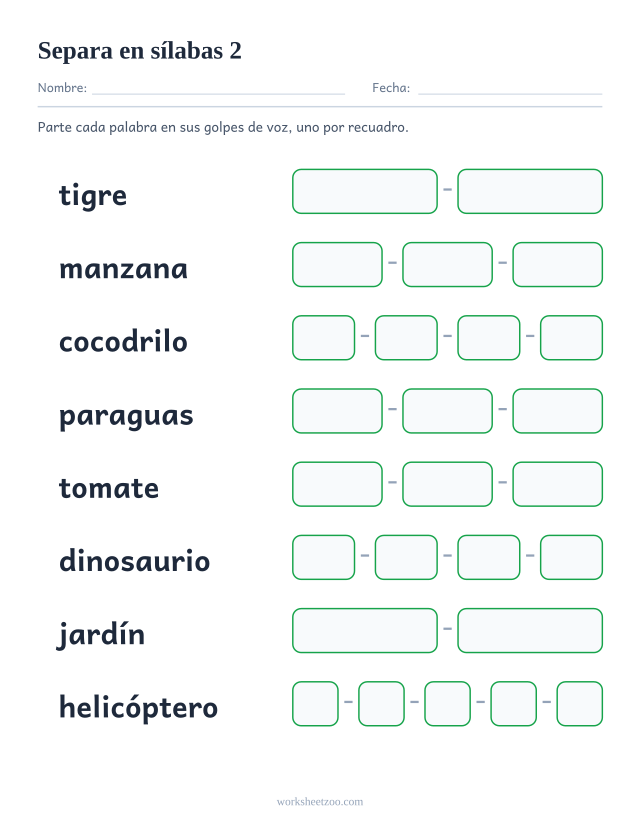Segunda ficha de separar con palabras de cuatro y cinco sílabas en recuadros más estrechos