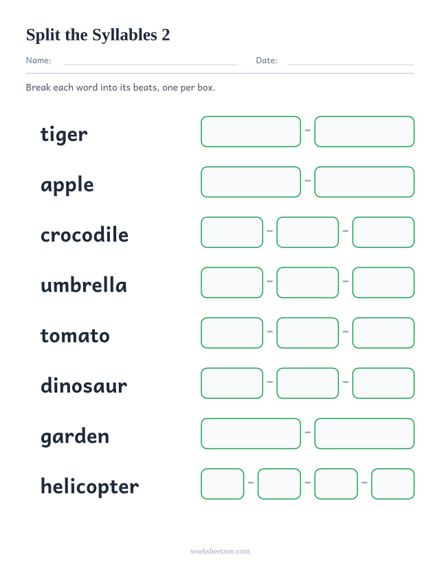 Second splitting worksheet with four and five syllable words in narrower boxes