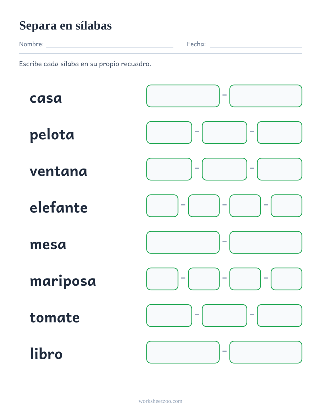 Ficha para separar en sílabas, ocho palabras con un recuadro vacío por cada sílaba