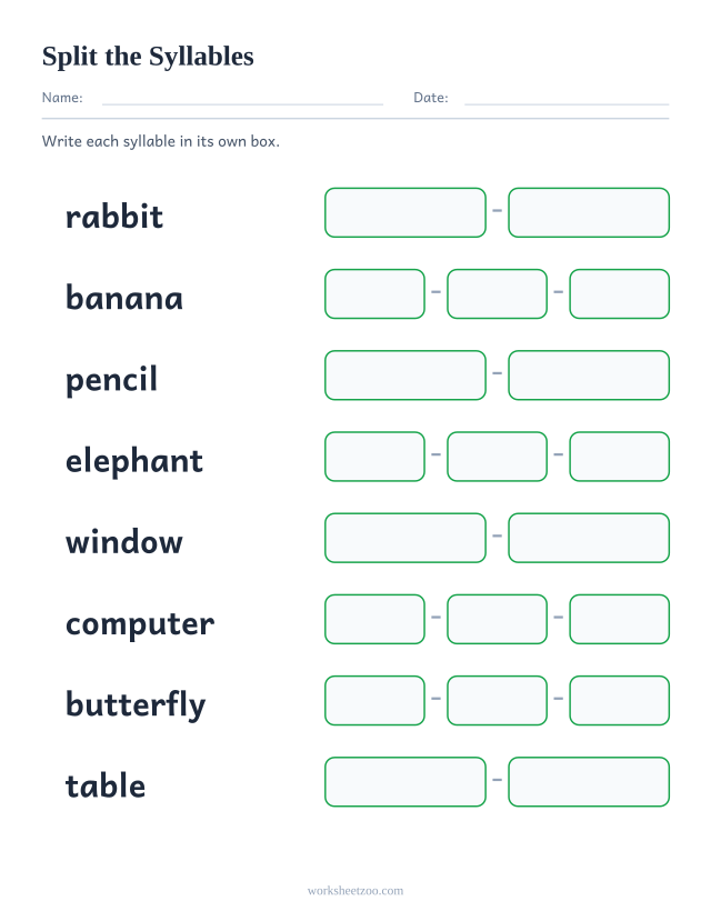 Split into syllables worksheet, eight words with one empty box per syllable to write in
