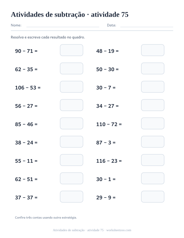 Prévia de Atividades de subtração, atividade 75 para imprimir