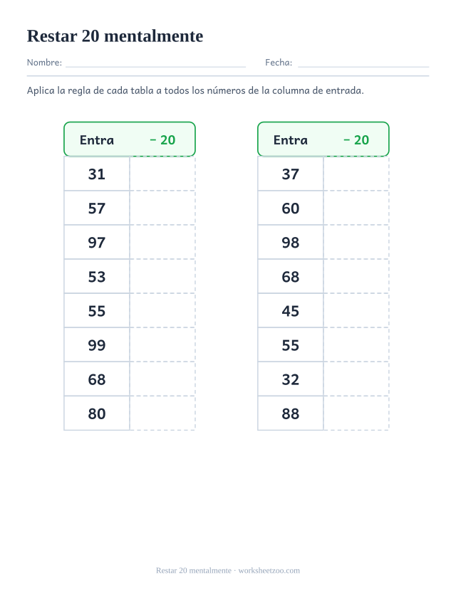 Ficha de cálculo mental para restar 20 a números de dos cifras con una tabla de reglas