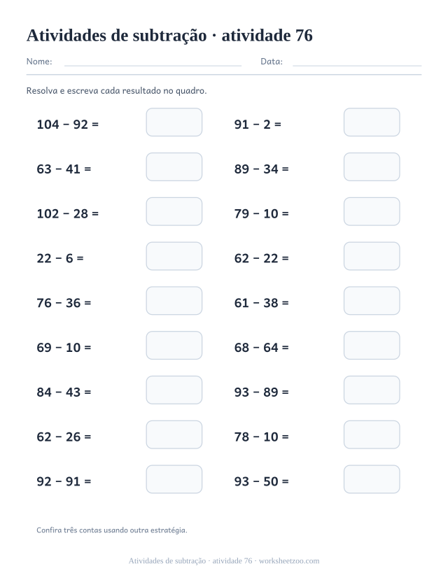 Prévia de Atividades de subtração, atividade 76 para imprimir