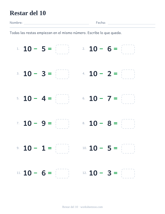 Ficha de restas del 10 con el mismo número de partida en todas las operaciones