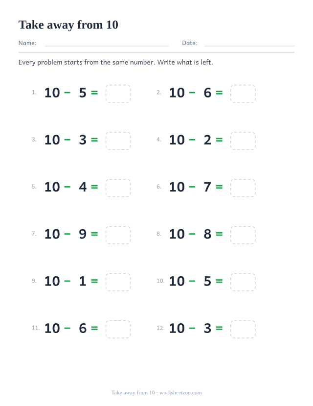 Subtraction from 10 worksheet with the same starting number in every problem