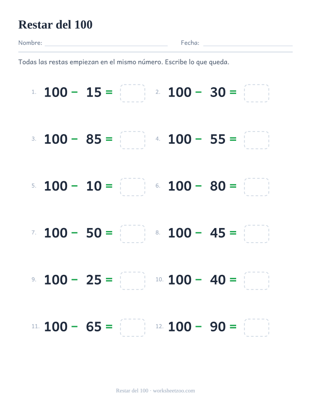 Ficha de restas del 100 para practicar los complementos a cien