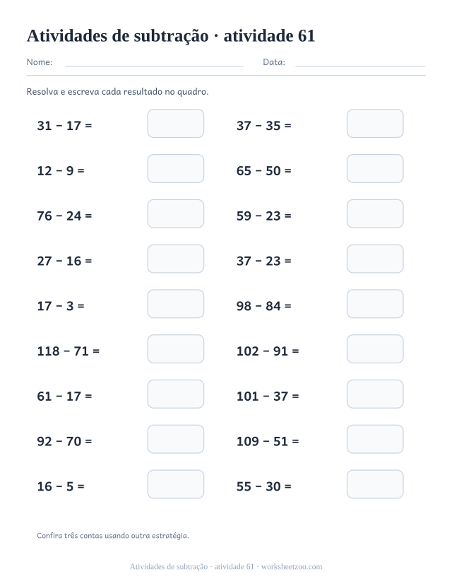 Prévia de Atividades de subtração, atividade 61 para imprimir