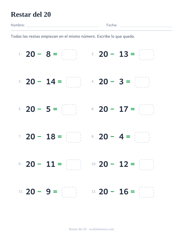 Ficha de restas del 20, doce operaciones que empiezan todas en veinte