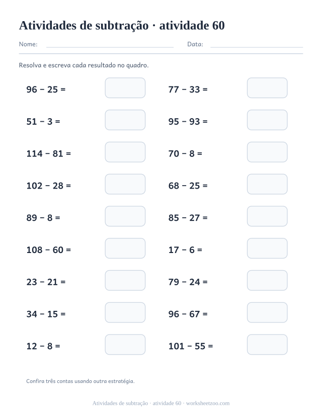 Prévia de Atividades de subtração, atividade 60 para imprimir