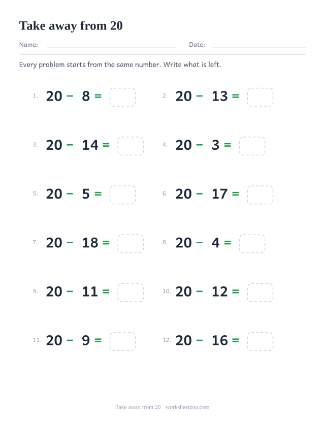 Subtraction from 20 worksheet, twelve problems that all start at twenty