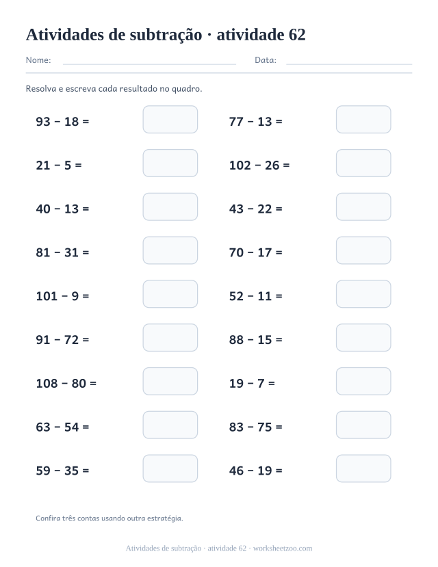 Prévia de Atividades de subtração, atividade 62 para imprimir