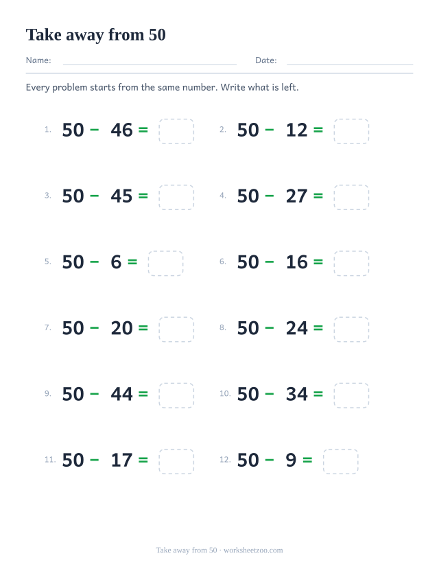 Subtraction from 50 worksheet with twelve problems that all start at fifty