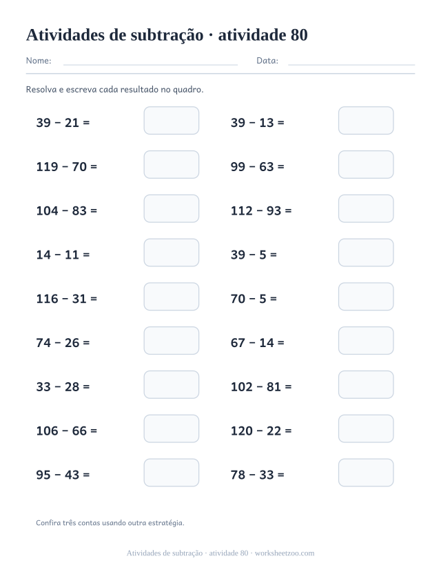 Prévia de Atividades de subtração, atividade 80 para imprimir