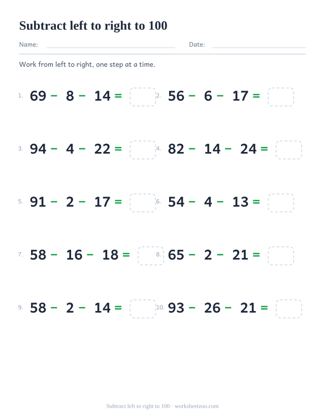 Three-number subtraction chain worksheet starting from two-digit numbers near 100