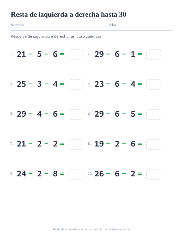 Ficha de cadenas de tres números para restar, empezando desde números hasta 30