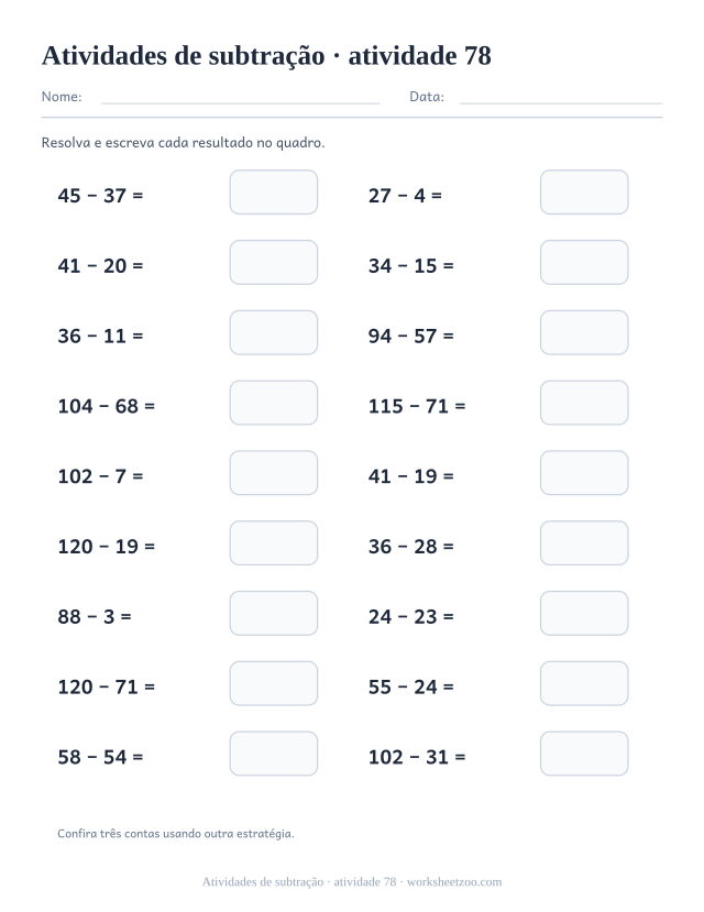 Prévia de Atividades de subtração, atividade 78 para imprimir