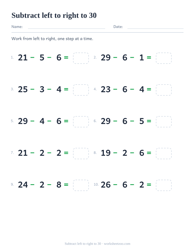 Three-number subtraction chain worksheet starting from numbers up to 30