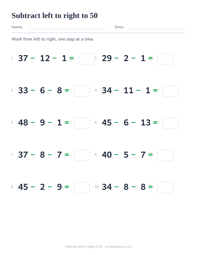 Three-number subtraction chain worksheet with starting numbers up to 50