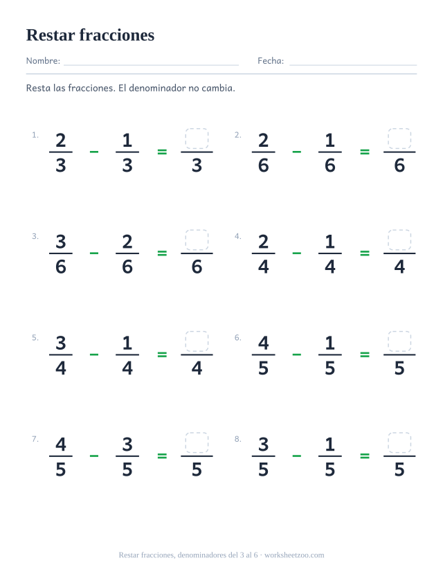 Ficha de restas de fracciones, 8 restas con el mismo denominador del 3 al 6 con resultado propio